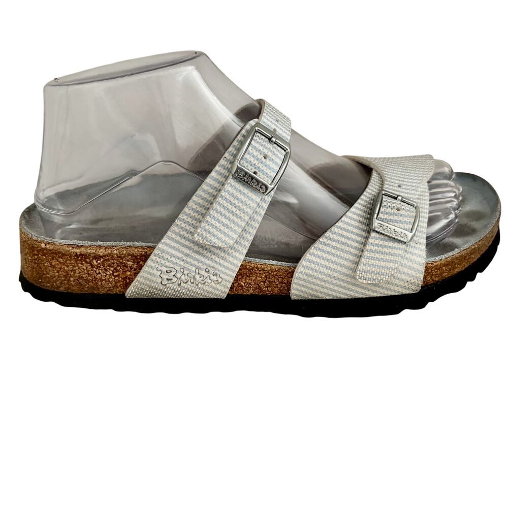 Birkenstock Birkis Leather Oxford Striped Arizona Sandals Blue White Preppy 37